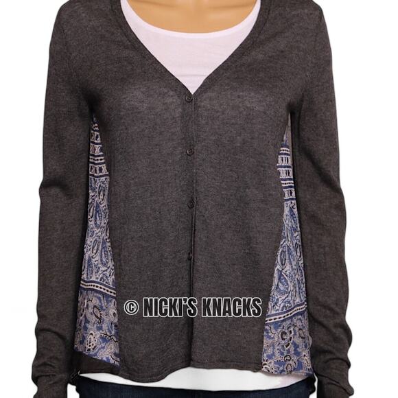 Subtle Luxury Cashmere Silk Cardigan Gray Button Front Boho Print Back Size XS/S - Picture 4 of 11